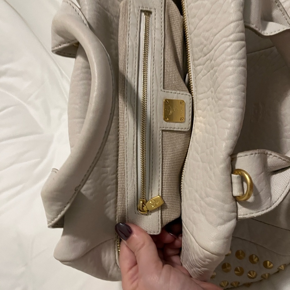 MCM Pebbled Cream Leather Satchel with Gold Stud Accents - Picture 14 of 16